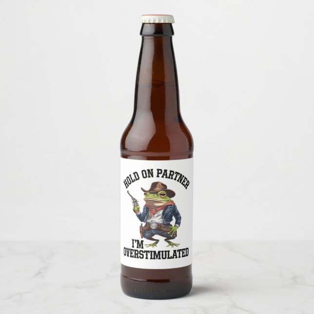 Rótulo Para Garrafa De Cerveja Segure Parceiro Estou Superestimulado Cowboy Frog  (Frente)