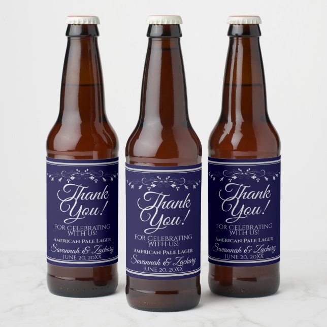 Rótulo Para Garrafa De Cerveja Silver no Marinho Blue Weding Obrigado (Garrafas)