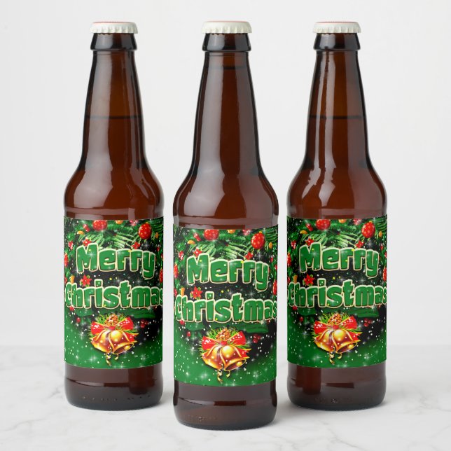 Rótulo Para Garrafa De Cerveja Sinos Dourados de Natal Feliz Verde (Garrafas)