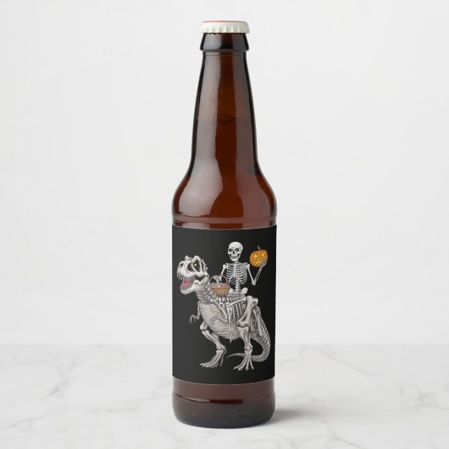 Rótulo Para Garrafa De Cerveja Skeleton Riding Mummy Dinosaur T rex Halloween (Frente)
