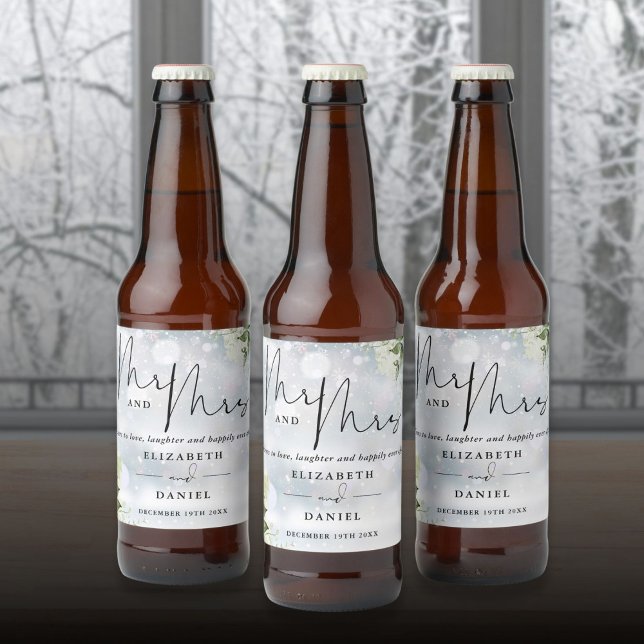 Rótulo Para Garrafa De Cerveja Sr. E Sra. Cheers Para Amar Casamento no inverno (Mr And Mrs Cheers To Love Winter Wedding Beer Bottle Label)