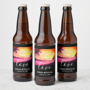 Rótulo Para Garrafa De Cerveja Tema de Casamento Praia Tropical Cores Solares