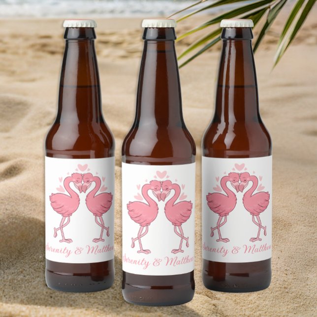 Rótulo Para Garrafa De Cerveja Tropical Pink Flamingos Summer Beach Wedding (Criador carregado)