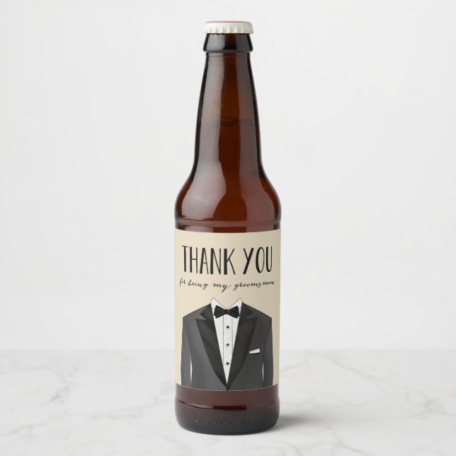 Rótulo Para Garrafa De Cerveja Tuxedo Obrigado Padrinho de casamento Beer Label (Frente)