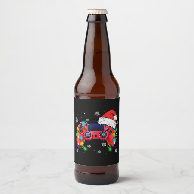 Rótulo Para Garrafa De Cerveja Video Game Controller Christmas Santa Hat Gamer Bo (Frente)