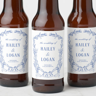 Rótulo Para Garrafa De Cerveja Vintage Blue Floral Frame Elegante Casamento