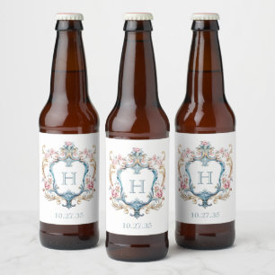 Rótulo Para Garrafa De Cerveja Vintage Monogrammed Floral Crest Casamento
