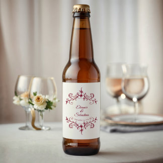 Rótulo Para Garrafa De Cerveja Vintage Romance Burgundy Casamento Floral