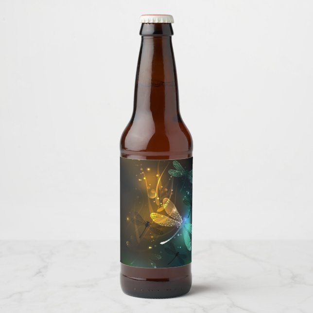 Rótulo Para Garrafa De Cerveja Voo luminoso verde de libélula (Frente)