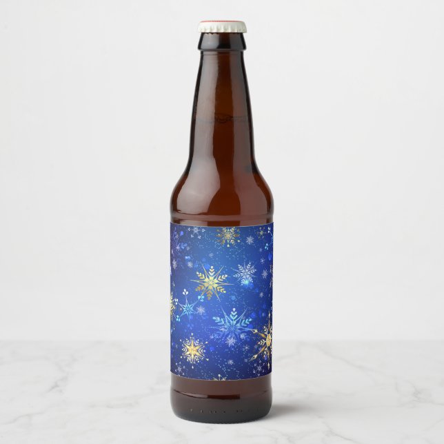 Rótulo Para Garrafa De Cerveja XMAS Blue Background with Golden Snowflakes (Frente)