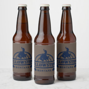Rótulo Para Garrafa De Cerveja Yellowstone Montana com um Cowboy, Cavalo, Buffalo