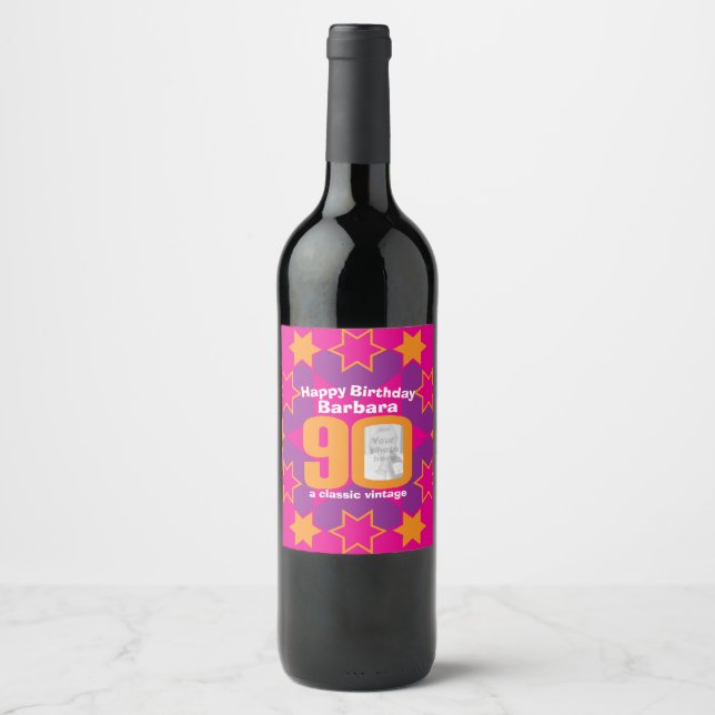 Rótulo Para Garrafa De Vinho 90 nome de aniversário Fotografia rosa com rótulo  (Frente)