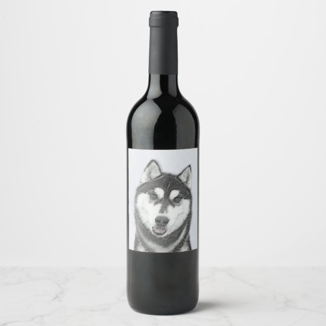 Rótulo Para Garrafa De Vinho Arte de Cão Siberiana (Preto e Branco) (Frente)