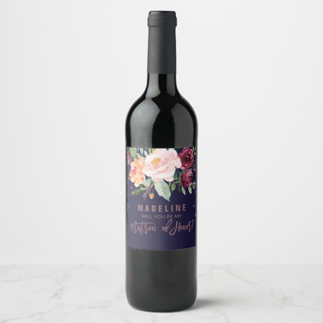 Rótulo Para Garrafa De Vinho Autumn Floral Rosa Dourada Matron de Honra (Frente)