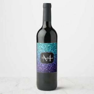Rótulo Para Garrafa De Vinho Azul Aqua Ombre faux glitter farelos Monograma
