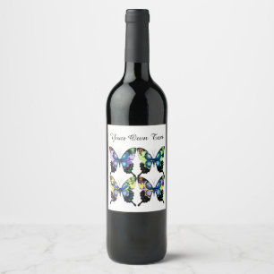 Rótulo Para Garrafa De Vinho Azul-marinho, rosa e amarelo - Borboletas elegante