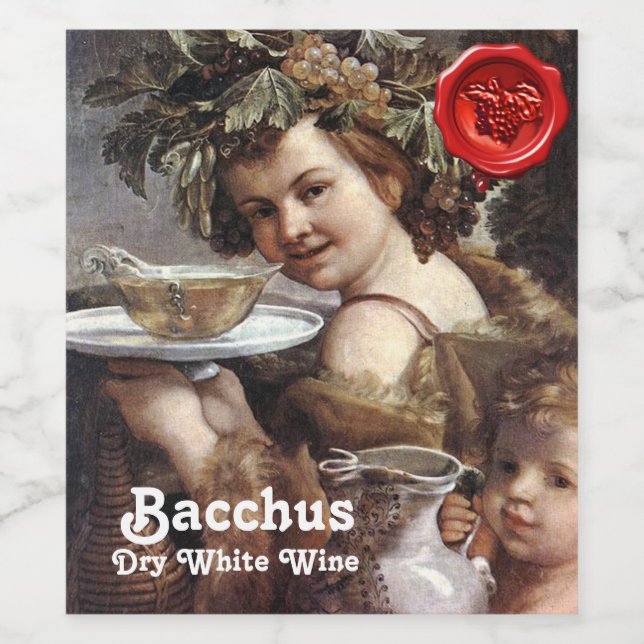 RÓTULO PARA GARRAFA DE VINHO BACCHUS COM UVAS E SELLO DE CERA DE VINHO BRANCO (Rótulo Único)