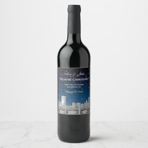 Rótulo Para Garrafa De Vinho Boston Skyline Encheu Gradação Azul Estrelado BG