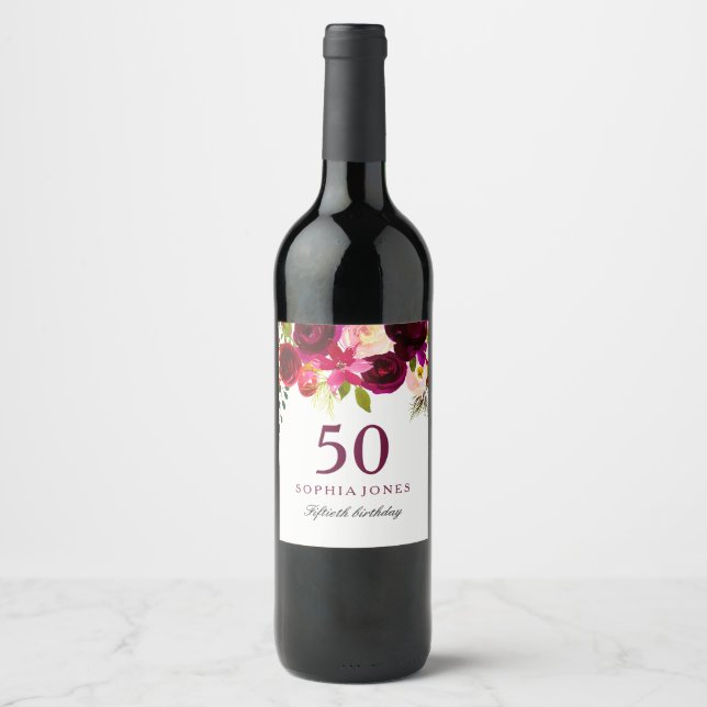 Rótulo Para Garrafa De Vinho Burgundy Red Floral Boho 50ª Festa de aniversário (Frente)