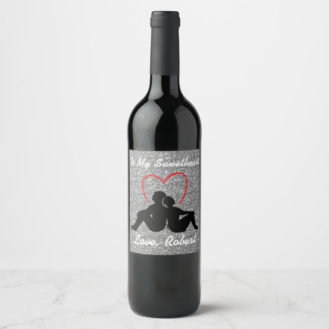 Rótulo Para Garrafa De Vinho Casal Silhouette Sitting Red Heart Silver (Frente)