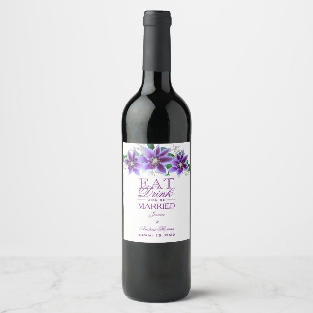 Rótulo Para Garrafa De Vinho Casamento Clássico Chic Clematis (Frente)