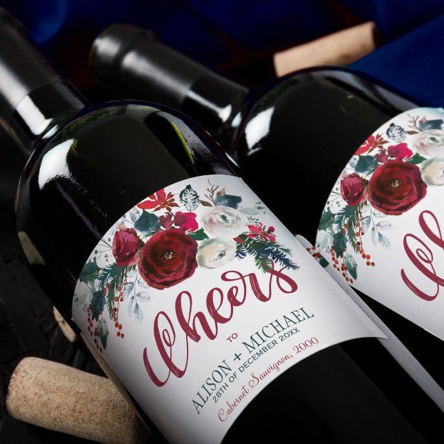 Rótulo Para Garrafa De Vinho Casamento de buquês florais brancos de burgundy (Criador carregado)