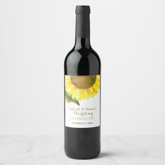 Rótulo Para Garrafa De Vinho Casamento de Girassol no Campo (Frente)