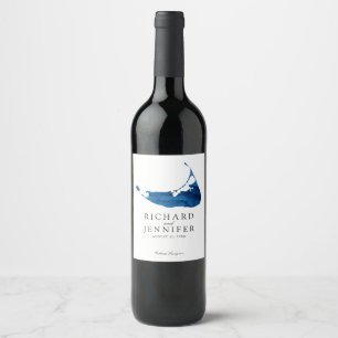 Rótulo Para Garrafa De Vinho Casamento de Mapa de Nantucket de Cor de Água Azul