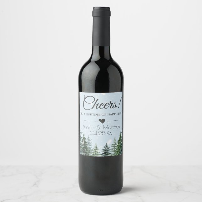 Rótulo Para Garrafa De Vinho Casamento de Pinheiro de Inverno Perene Rústico (Frente)