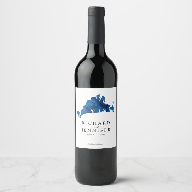Rótulo Para Garrafa De Vinho Casamento do Mapa de Vinha de Martha, da Blue Wate (Frente)