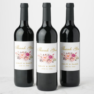 Rótulo Para Garrafa De Vinho Casamento Dourado de Blush Floral de Cor Flórida