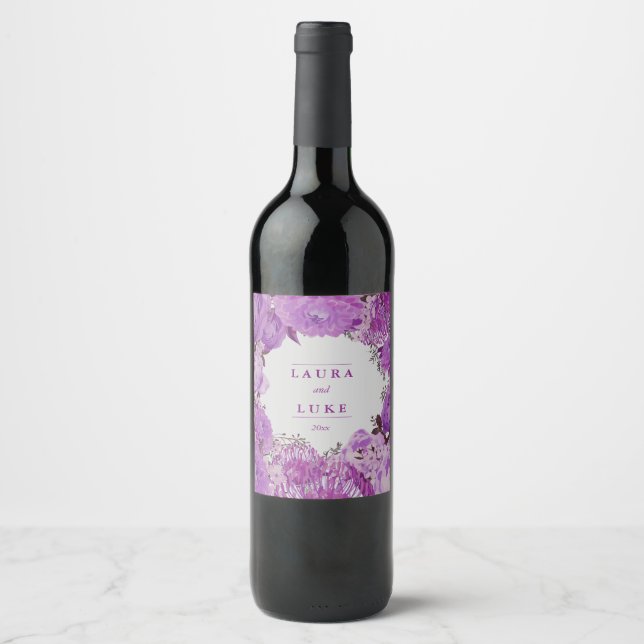 Rótulo Para Garrafa De Vinho Casamento Moderno, Floral Roxo (Frente)