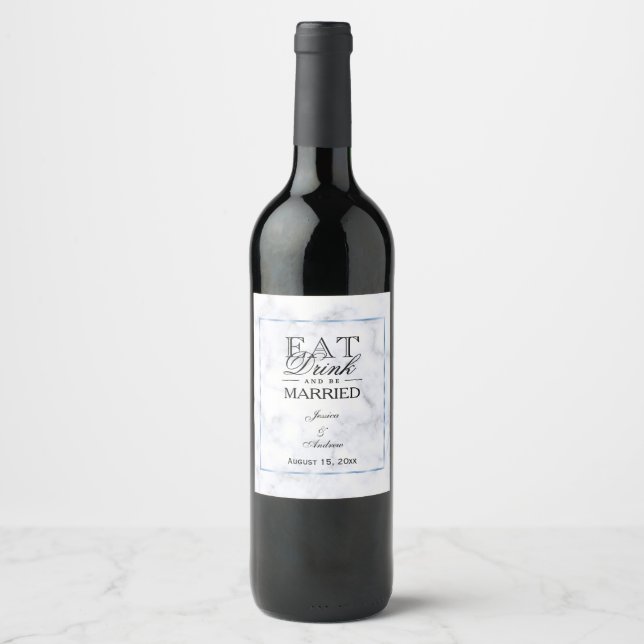 Rótulo Para Garrafa De Vinho Casamento Romântico Azul Mármore (Frente)