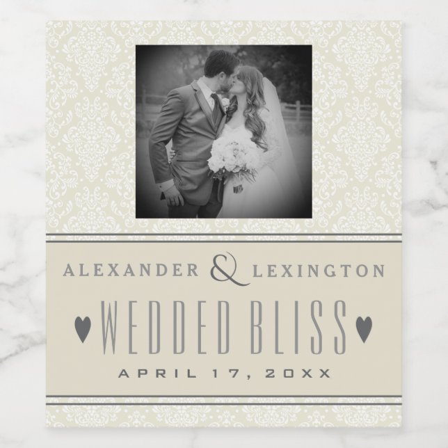 Rótulo Para Garrafa De Vinho Casamento tema damasco Elegante Clássico de Fotogr (Rótulo Único)