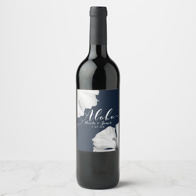 Rótulo Para Garrafa De Vinho Casamento tropical azul de Hibiscus branco Aloha W (Frente)