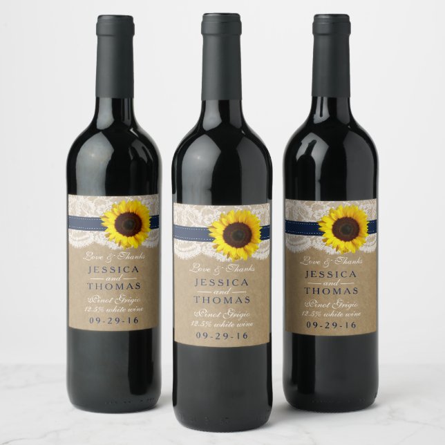 Rótulo Para Garrafa De Vinho Coleção Kraft, Lace & Sunflower - Marinho (Garrafas)