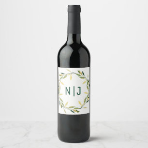 Rótulo Para Garrafa De Vinho Coroa de Folhas Verde Botânico Dourado Vinho Rústi