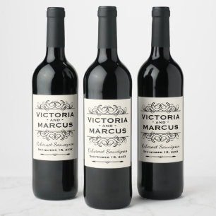 Rótulo Para Garrafa De Vinho Favor da Garrafa do Monograma de Casamento Negro e
