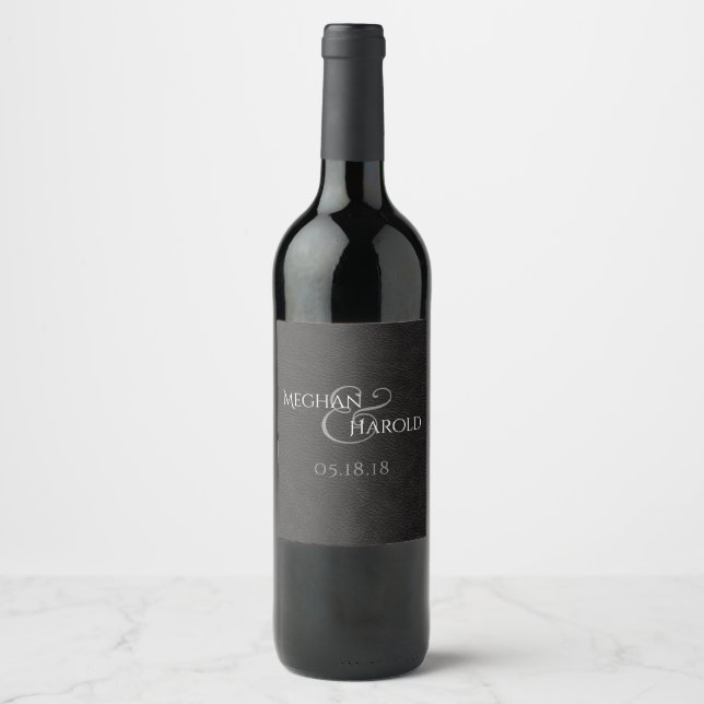 Rótulo Para Garrafa De Vinho Favor de Casamento de Couro Preto Monograma Elegan (Frente)