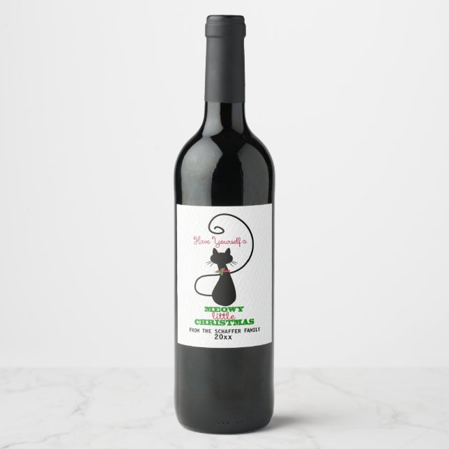 Rótulo Para Garrafa De Vinho Feliz Natal, Gato Feriado Bonito (Frente)