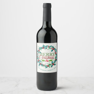 Rótulo Para Garrafa De Vinho Feliz Natal vermelho verde da grinalda do azevinho