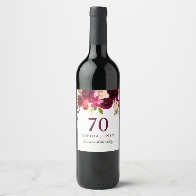 Rótulo Para Garrafa De Vinho Festa de aniversário de Boho Floral Vermelho Burgu (Frente)