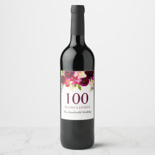 Rótulo Para Garrafa De Vinho Festa de aniversário floral vermelha de Borgonha