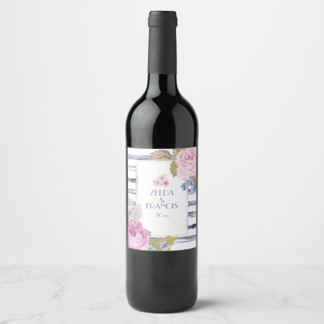 Rótulo Para Garrafa De Vinho Flores e faixas de aquarela (Frente)