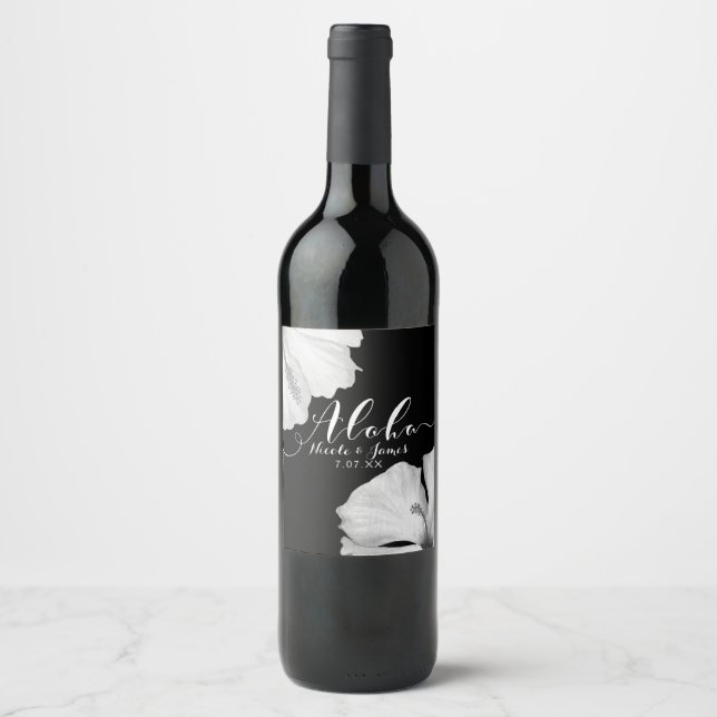 Rótulo Para Garrafa De Vinho Hibisco Branco Preto Tropical Casamento Aloha Vinh (Frente)