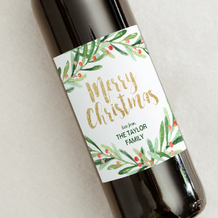 Rótulo Para Garrafa De Vinho Holly Wreath Felry Natal