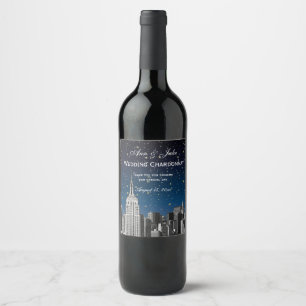 Rótulo Para Garrafa De Vinho Horizonte de NYC Gravado #2 Gradiente Azul Estrela