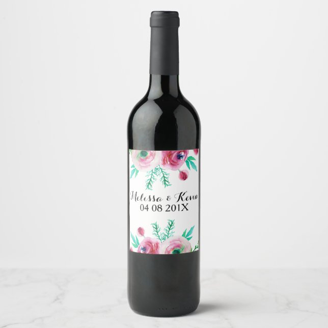 Rótulo Para Garrafa De Vinho Ilustração de Buquê de Flores Rosa (Frente)