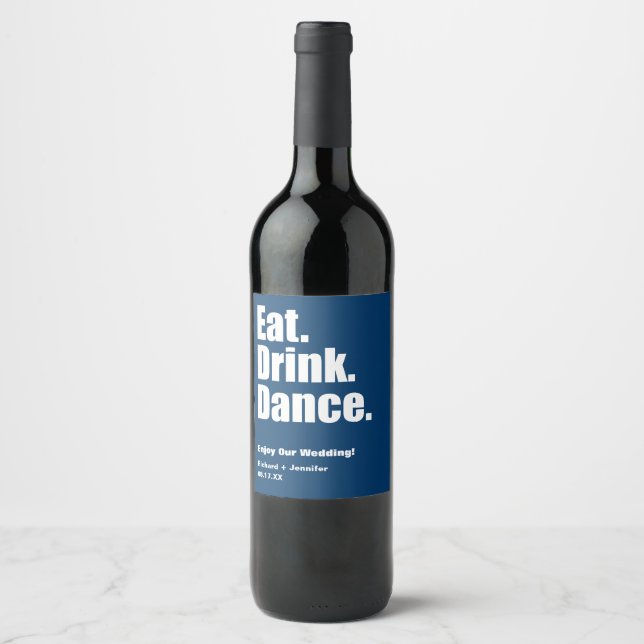 Rótulo Para Garrafa De Vinho Marinho Azul Comer. Bebida. Dança. Casamento (Frente)