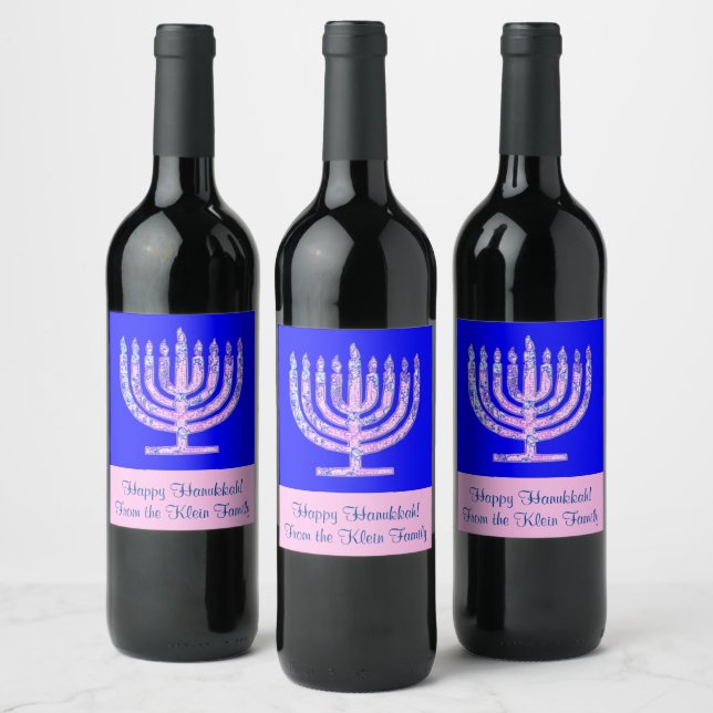 Rótulo Para Garrafa De Vinho Menorah Hanukkah Cobalt Azul Seu Texto (Garrafas)